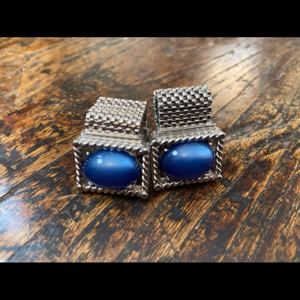 Large Silver and Blue Cuff Links with Chain